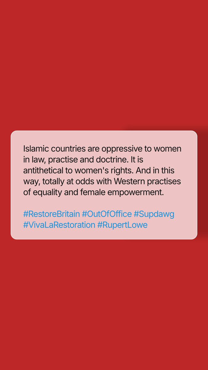 VivaLaRestore's tweet image. Islamic countries are oppressive to women in law, practise and doctrine. It is antithetical to women's rights. And in this way, totally at odds with Western practises of equality and female empowerment. 

#RestoreBritain #OutOfOffice #Supdawg #VivaLaRestoration #RupertLowe