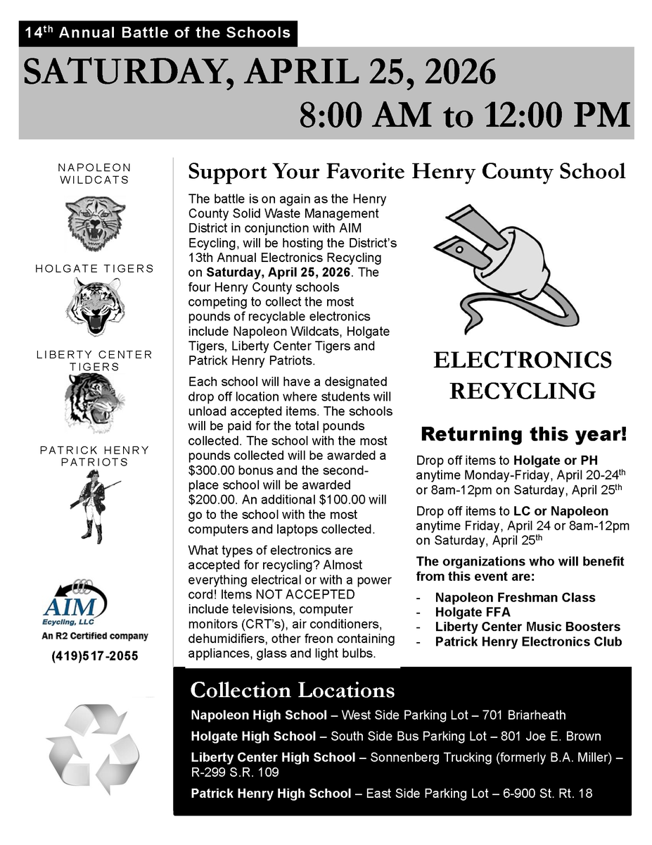 Don't forget! The Battle of the Schools starts this week!

Help the Napoleon Freshman Class by dropping off your old electronics at Napoleon HS (West Lot):

🗓️ Friday, April 24: All day
🗓️ Saturday, April 25: 8am–12pm