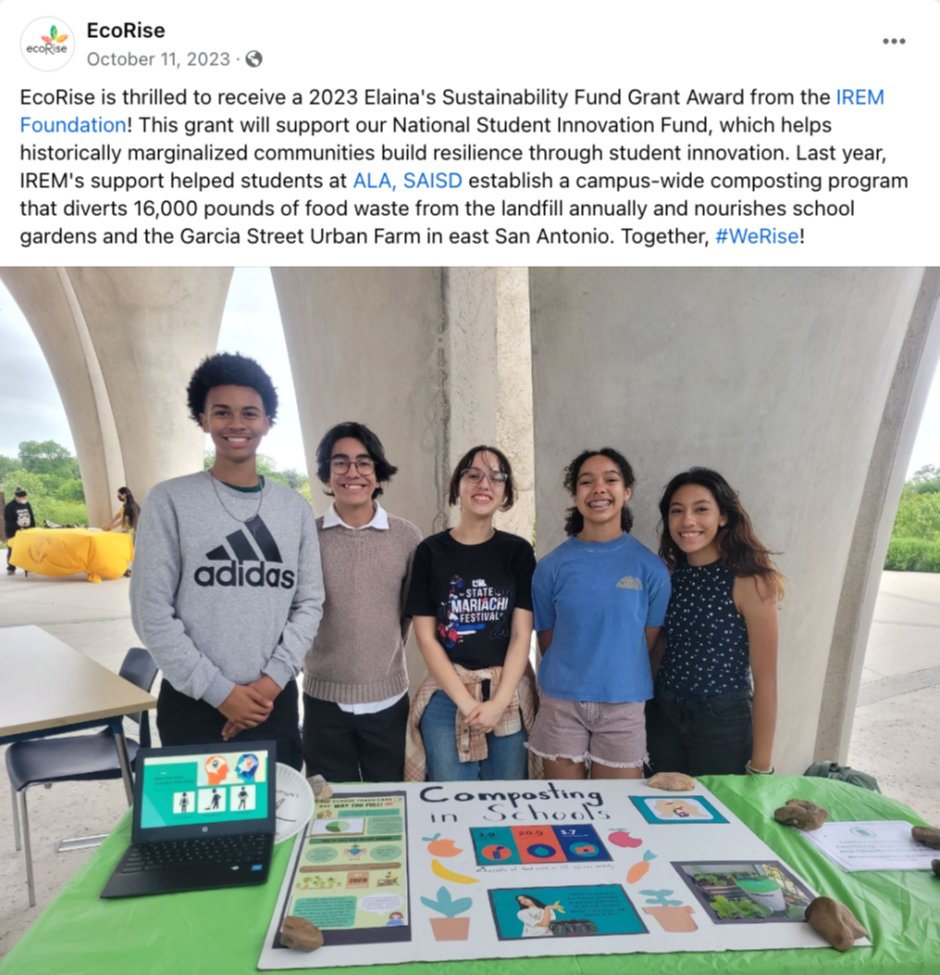 With support from Elaina’s Sustainability Fund, EcoRise helped students lead green projects in underfunded communities focused on water, air quality, food, waste, and more.

Read more and donate: ow.ly/mgrA50Yyfxx

#IREMSTL #IREMFoundation #EcoRise #Sustainability