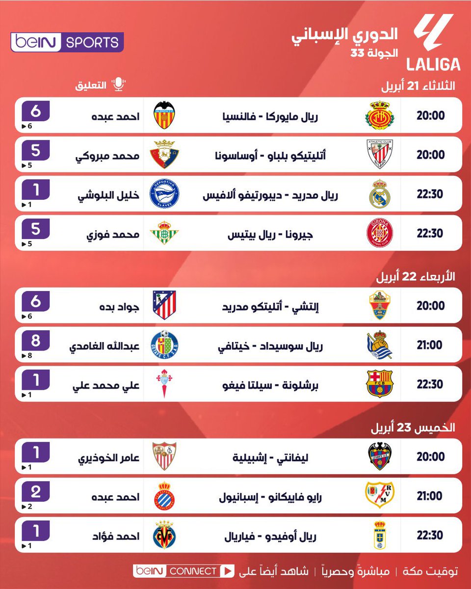 🇪🇸 🔥 جدول مباريات الجولة 33 من الدوري الإسباني

#الدوري_الإسباني | #جدول_المباريات
#LaLiga
