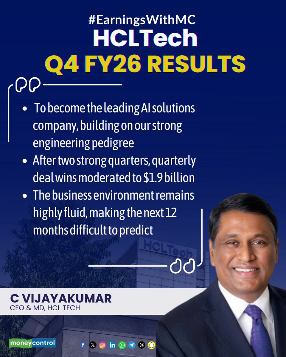 moneycontrolcom's tweet image. #EarningsWithMC | C. Vijayakumar speaks: Aiming to become a leading AI solutions company, backed by strong engineering roots. Deal wins ease to $1.9B after a strong run, while the business outlook remains fluid and hard to predict over the next 12 months. 📊

#HCLTech #Earnings