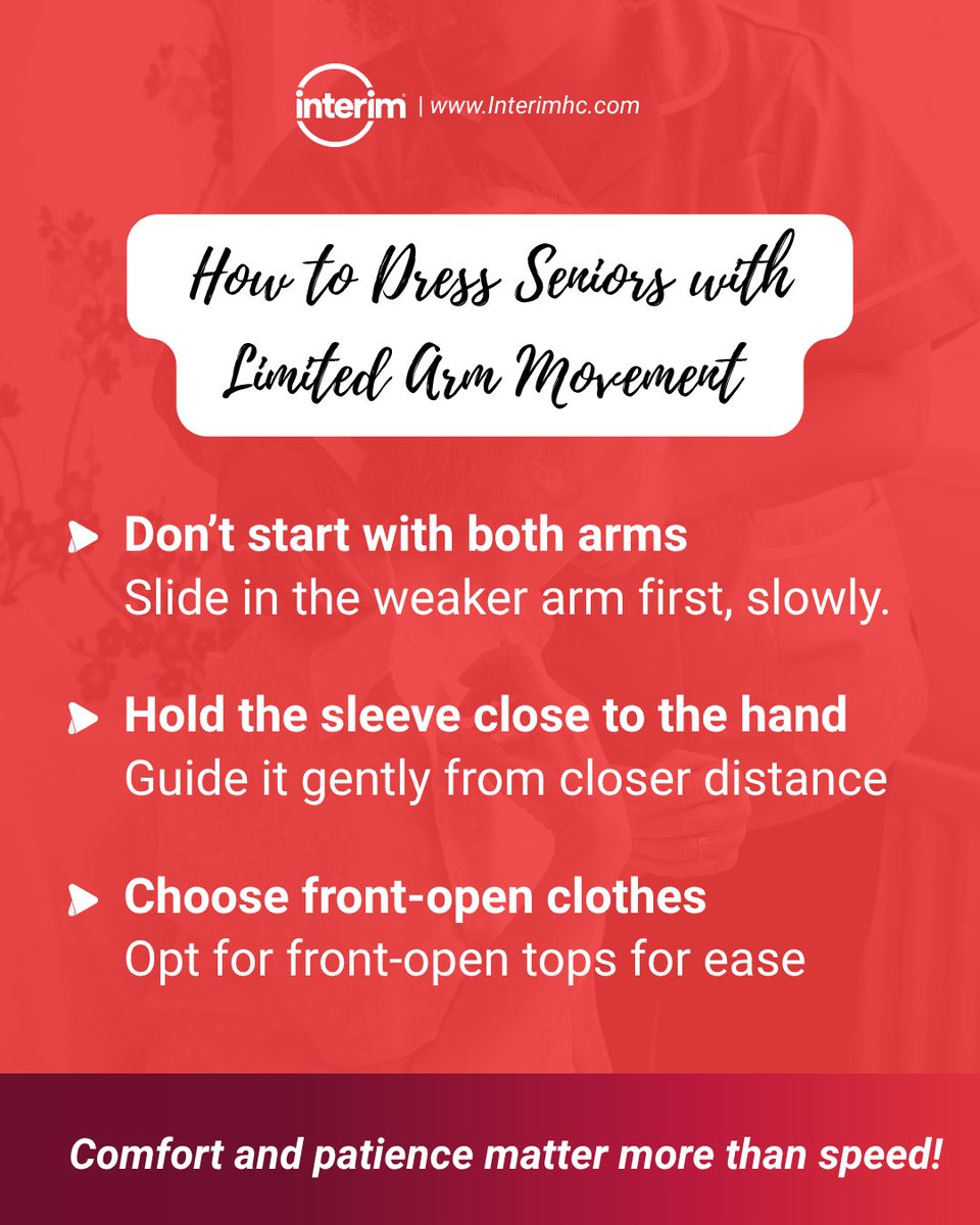 InterimMF_GP's tweet image. Dressing a senior with limited arm movement is all about doing it patiently. Small changes in approach can make the experience more comfortable, dignified, and stress-free for both of you. 🤍 
#dressing #seniorcare #stressfree #interimhealthcare