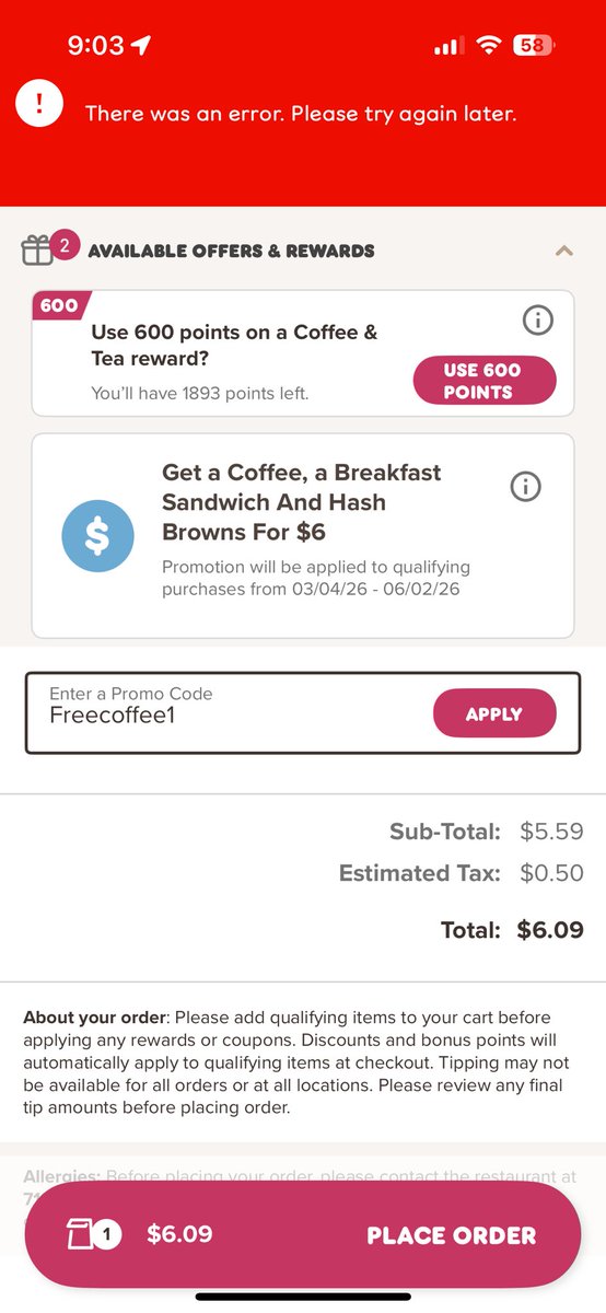 Jessicas_7113's tweet photo. @dunkindonuts getting us excited for nothing 😒😒😒😒😒 #dunkin #freecoffee #boooo https://t.co/JjDcE6YUUo