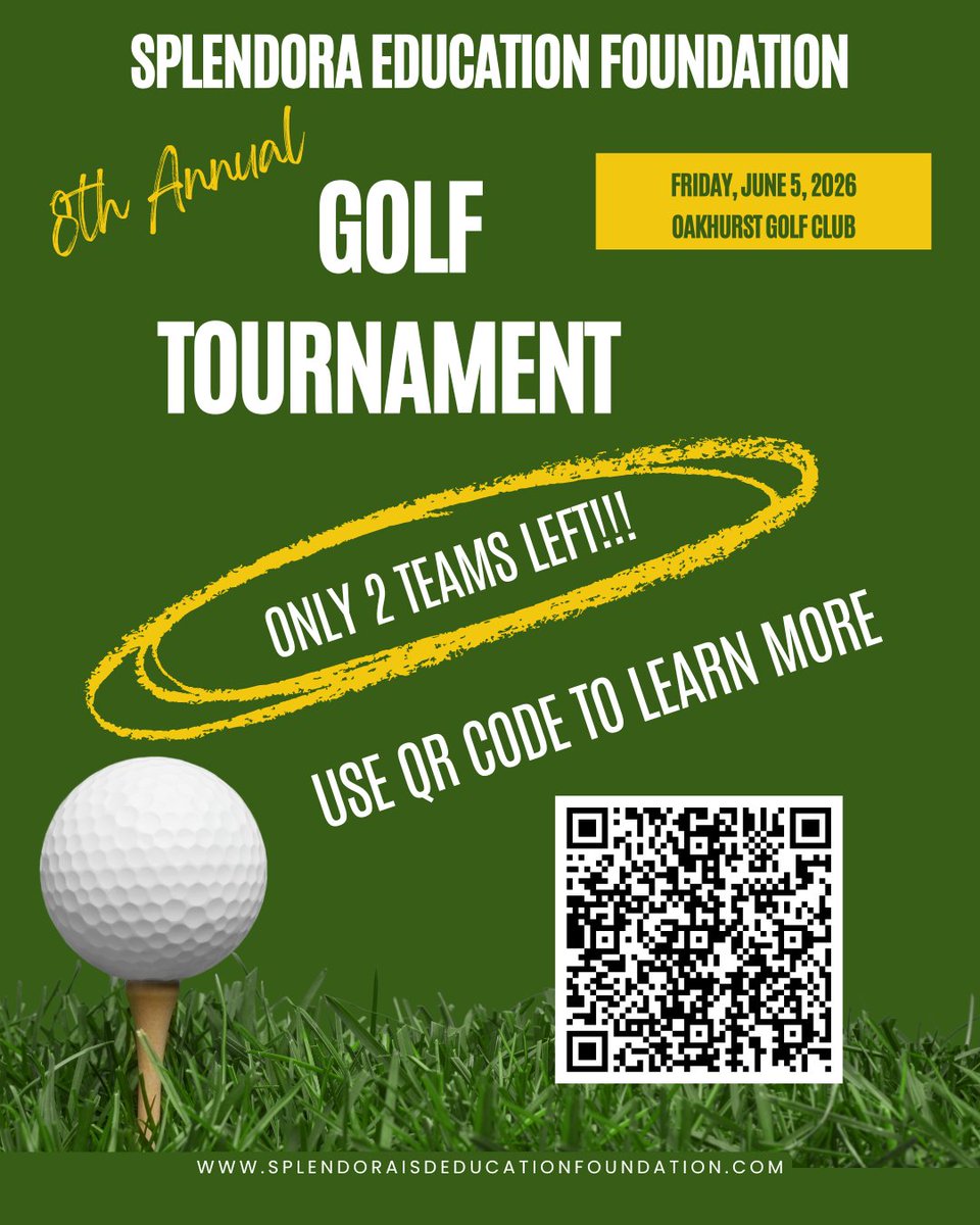 SisdEFoundation's tweet photo. ⛳ Two team spots just opened up for our June 5 Golf Tournament!

We were sold out, but now you’ve got another chance to play. Don’t wait!

#GolfTournament #SupportEducation #SplendoraTX https://t.co/KlVLaqSu7F