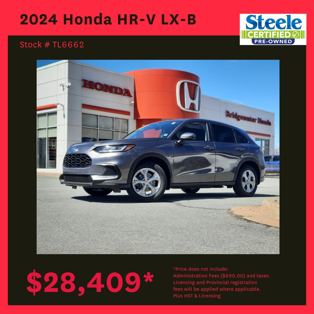 BridgewaterHon's tweet photo. 2024 Honda HR-V!!
More Photos in link!🌐https://t.co/ck92TBZ9ES

With Steele Certified Pre-Owned, you’re getting:
✅ New tires
✅New MVI
✅ Fresh oil change
All serviced up!! https://t.co/CrKQa5t4A6