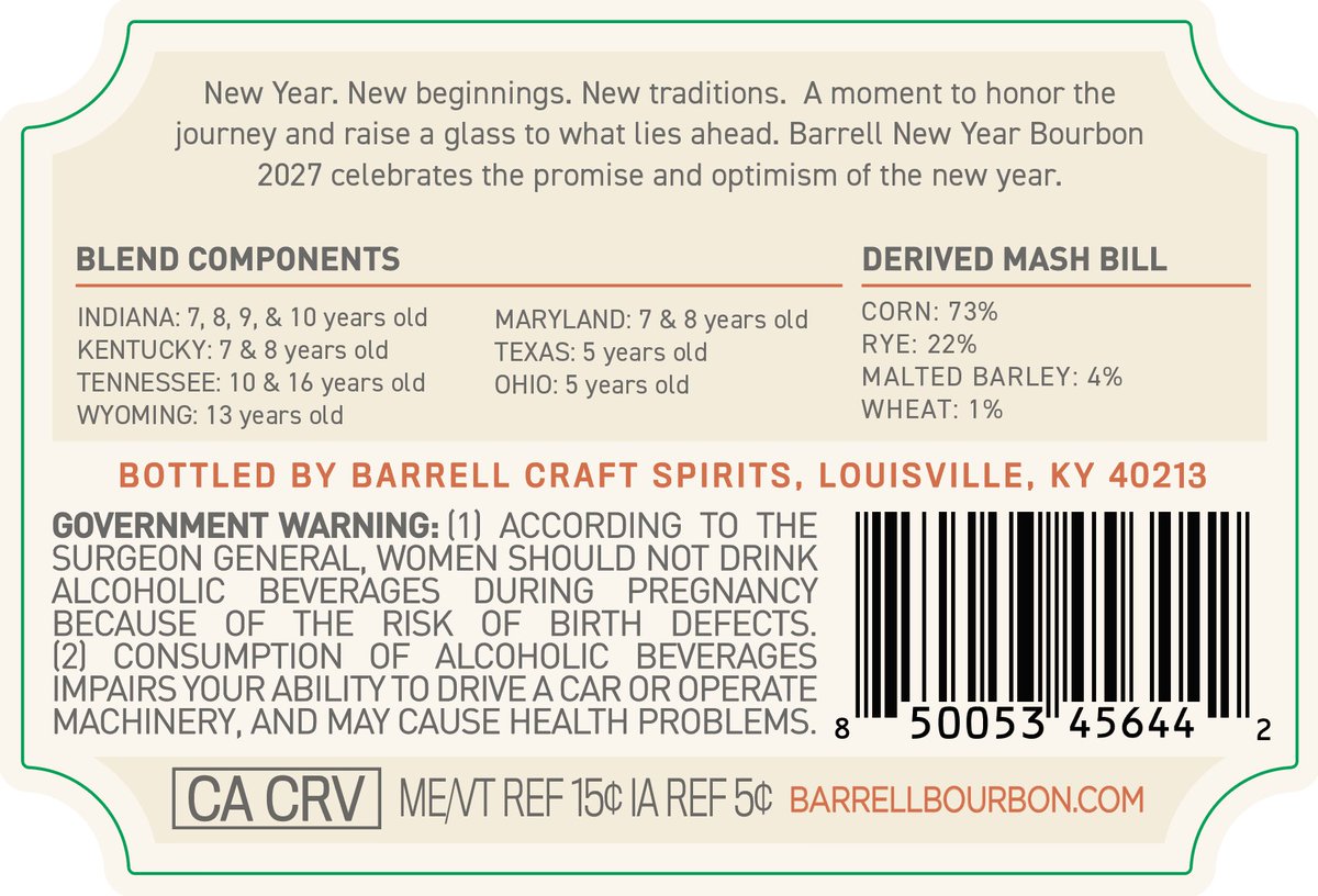 TheBourbonNews's tweet image. New Label Approval: Barrell Bourbon New Year 2027

#bourbon #whiskey