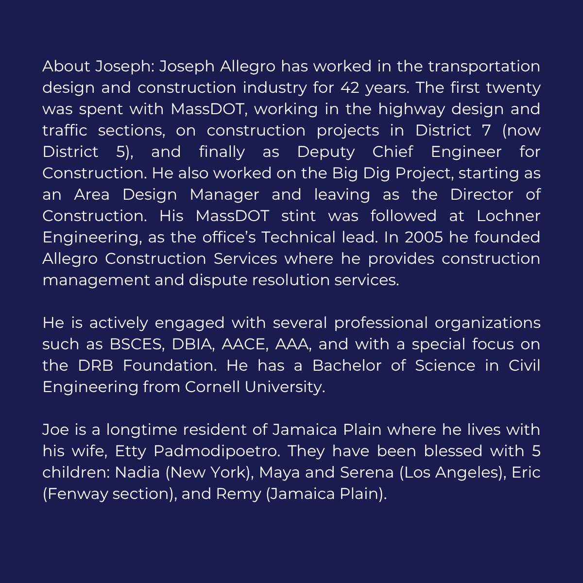 WTS_Boston's tweet photo. WTS-Boston is proud to announce that Joseph Allegro, founder and president of Allegro Construction Services, has been selected as the recipient of the Honorable Ray LaHood Award! Joe will receive recognition of this prestigious award at the Annual Scholarships &amp; Awards Banquet. https://t.co/caVUerratv