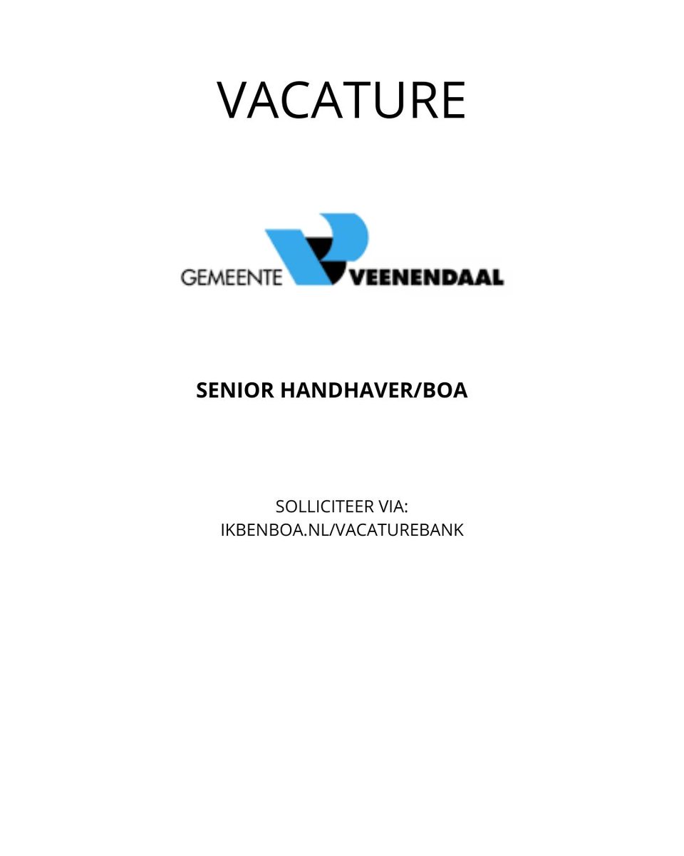 BoaAcp's tweet image. VACATURE:
Gemeente Veenendaal is op zoek naar:
SENIOR HANDHAVER/BOA

Nieuwsgierig of direct solliciteren? 

Kijk op onze BOA Vacaturebank:
ikbenboa.nl/vacature/gemee…

#boa #handhaving #veenendaal #vacature