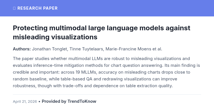 aitrendings's tweet image. Protecting multimodal large language models against misleading visualizations

👥 Jonathan Tonglet, Tinne Tuytelaars, Marie-Francine Moens &amp;amp; Iryna Gurevych

#AIResearch #MultimodalML #DataVisualization

🔗 trendtoknow.ai/paper-reviews/…