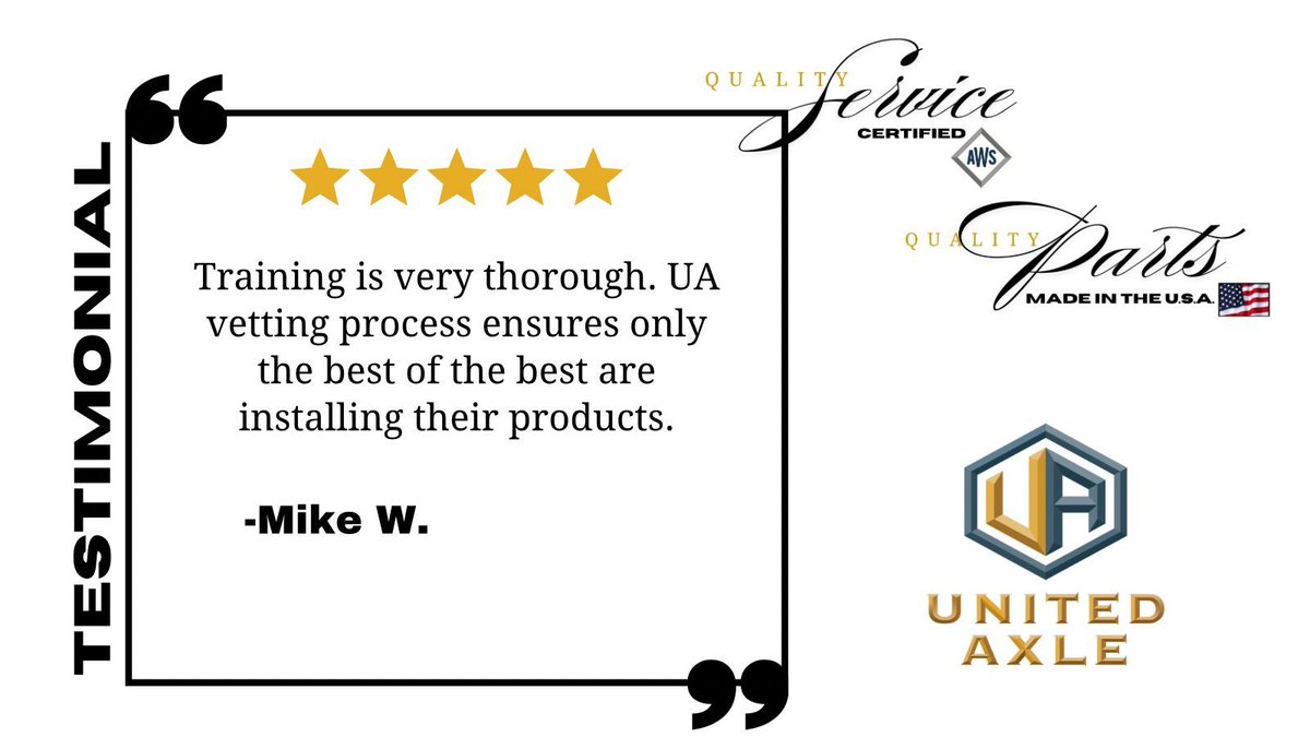 unitedaxle's tweet photo. Thank you for recognizing our rigorous training &amp; exclusive vetting process! At UA we are committed to delivering unparalleled quality &amp; safety!

#UnitedAxle #TuesdayTestimonial #FiveStarReview #AxleRepair #TrainingWeek https://t.co/6zAYaqdkSf
