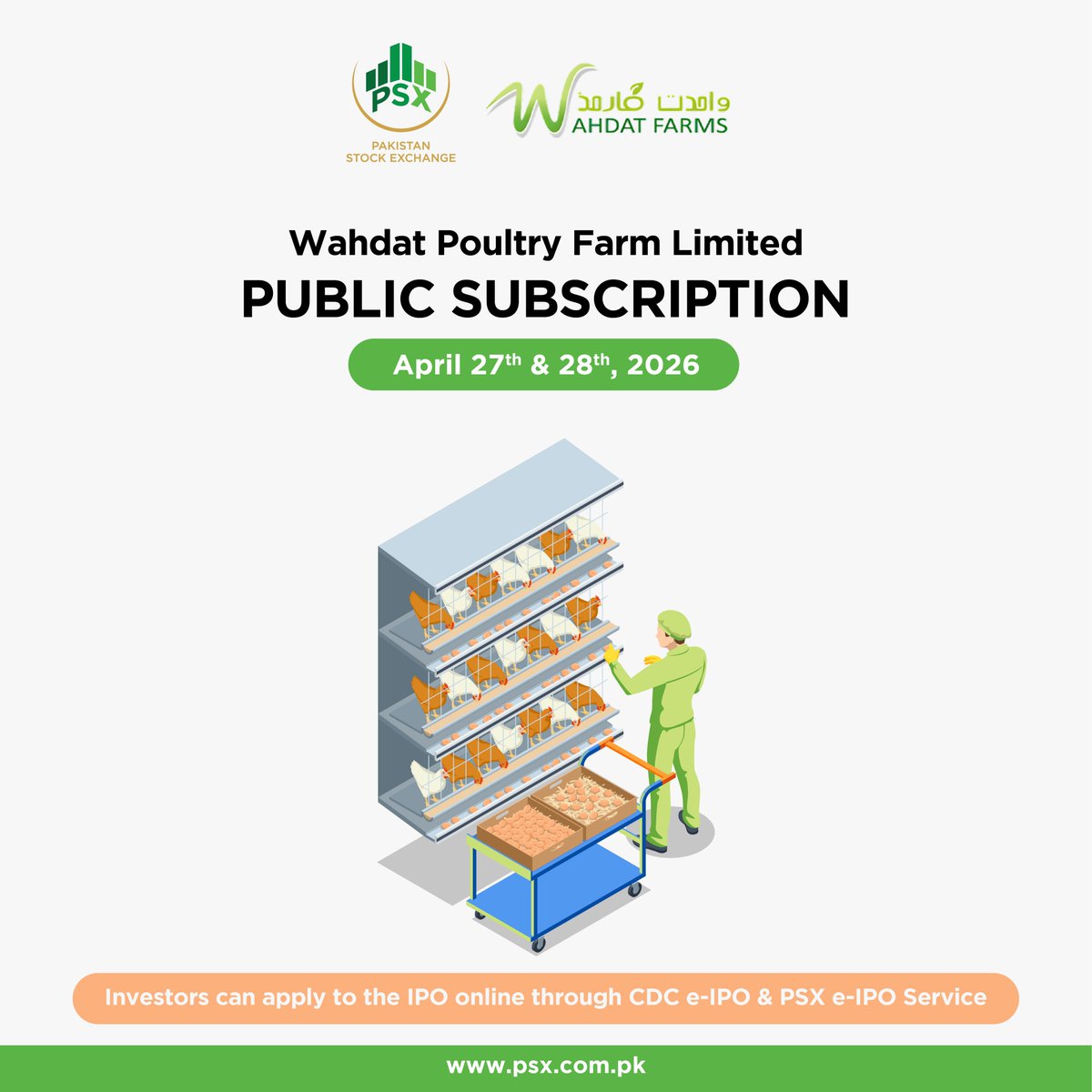 pakstockexgltd's tweet image. Public subscription opens on 27–28 April 2026, presenting an opportunity for investors to participate in a company’s growth.

Apply online via the Pakistan Stock Exchange eIPO portal: eipo.psx.com.pk

#PSX #IPO #PublicSubscription