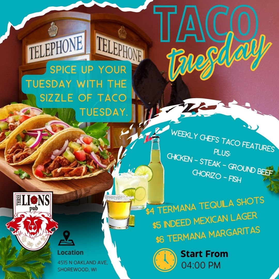 threelionspub's tweet photo. Taco Night is ON. Tuesday 4–9PM at Three Lions — five taco options, $6 margs, and football all week on the big screens. Brighton vs Chelsea. Oxford vs Wrexham. Plus ’Appy Hour Mon–Fri 4–6PM with $2 off drinks and all your favourite bites. Shorewood. Never boring. https://t.co/we7bwoeZ9n
