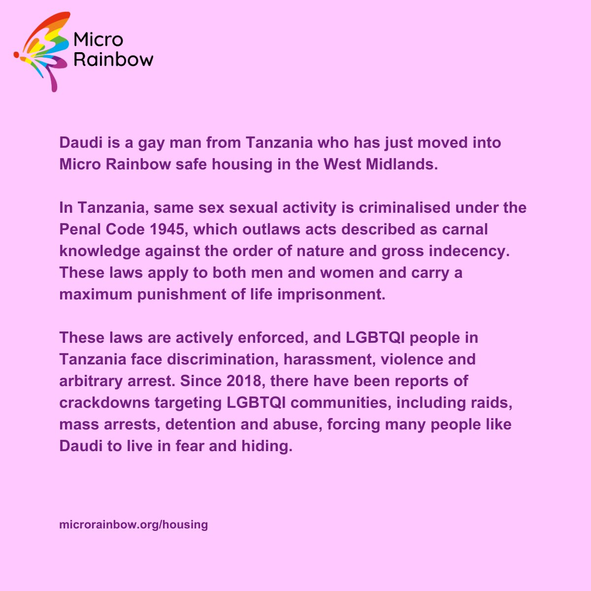 MicroRainbow's tweet image. We have welcomed Daudi, a gay man from Tanzania seeking asylum, to our safe housing in the West Midlands! Now he can finally live openly and without fear.

💜 Help other #LGBTQI people fleeing persecution by becoming an ally: microrainbow.org/donate/
#Refugees #Asylum