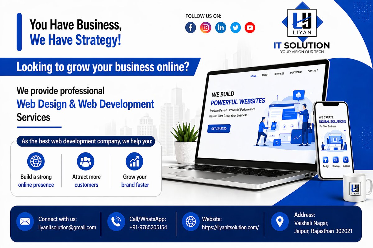 LiyanitSolution's tweet image. 🚀 Grow your business online with smart digital solutions!

We build modern, responsive &amp;amp; high-performing websites that drive results.

📞 +91-9785205154
🌐 liyanitsolution.com

#WebDevelopment #WebDesign #DigitalGrowth #ITServices #StartupIndia