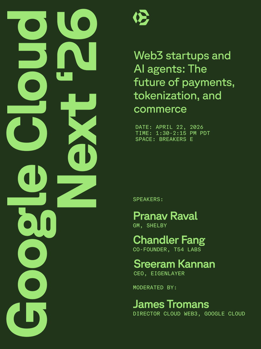 AI agents that transact need more than fast compute. They need data they can prove. 

<a href="/rpranav/">pranav | Shelby</a> is breaking down what that means for payments, tokenization, and the next layer of commerce at <a href="/googlecloud/">Google Cloud</a> Next tomorrow.

With <a href="/chandler_agi/">Chandler Fang</a>, <a href="/sreeramkannan/">Sreeram Kannan</a>, and <a href="/jmtromans/">James Tromans</a>.