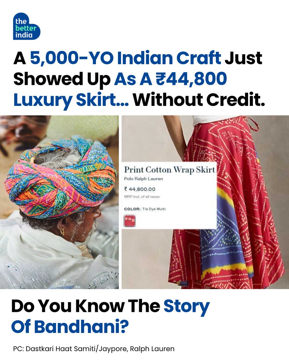 thebetterindia's tweet photo. When global fashion says “inspired by Bandhani,” what often gets left behind is crediting the original artisans and place — the 5,000-year-old craft that keep it alive, and the hands that tie every single dot.

Swipe to understand what’s missing from the label.

#Bandhani #AncientCraft #GlobalFashion
