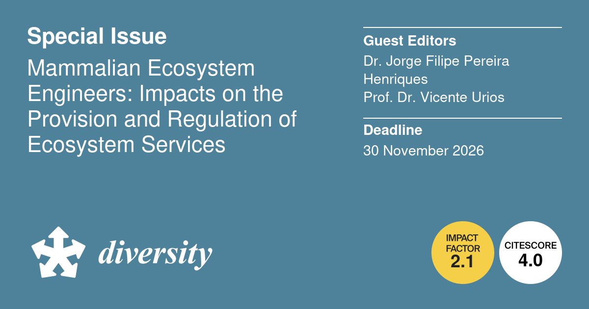 DiversityMDPI's tweet image. 🌍Special Issue: "Mammalian Ecosystem Engineers: Impacts on the Provision and Regulation of Ecosystem Services"

📅Deadline: 30 November 2026
🔗Learn more and submit: brnw.ch/21x1Ne7

#Diversity #SpecialIssue #Mammals #Ecosystem #Ecology