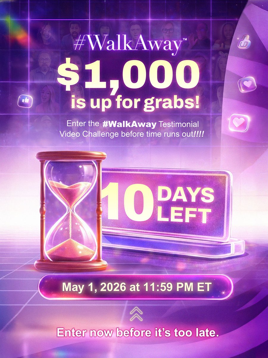 RealWalkAway's tweet image. 10 DAYS LEFT ⏳

$1,000 is still up for grabs.
Don’t miss your shot.

Join the #WalkAway Testimonial Video Challenge 🎥