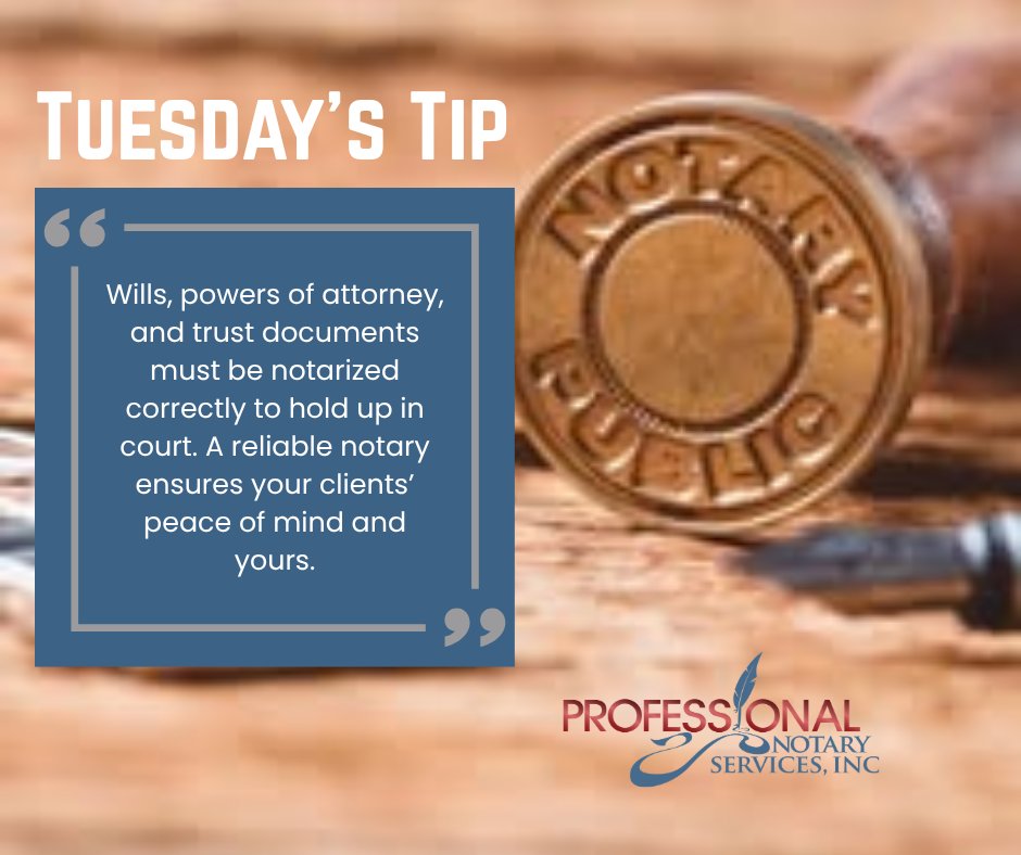 PNSincRoc's tweet image. Tip Tuesday: Wills, POAs &amp;amp; trust docs must be notarized correctly to hold up in court.

A reliable notary = peace of mind for you &amp;amp; your clients. Let's connect! 
professionalnotaryservices.biz

#estateplanning #financialadvisor #notary #mobilenotary