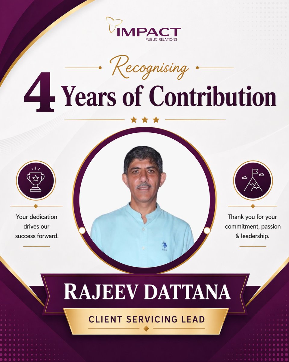 ImpactPR's tweet photo. Celebrating Rajeev Dattana, a dedicated team member at Impact Public Relations, for completing 4 years with the organization. Proud to have passionate professionals driving our success in PR services, media relations, crisis management &amp; brand positioning in India. https://t.co/yXQQj65JfO