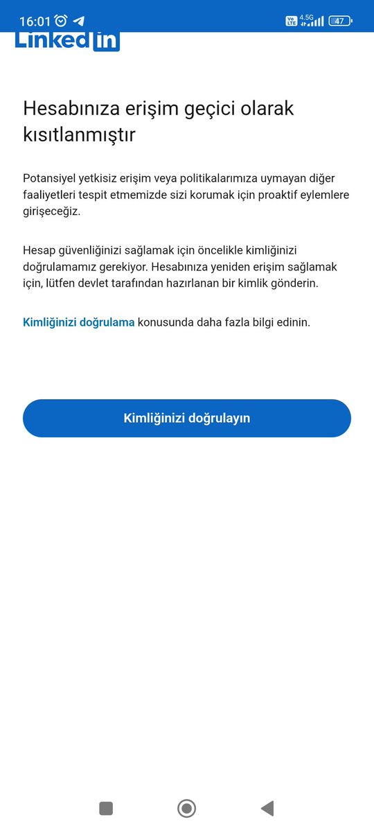 mavi_tunam's tweet image. @LinkedIn hergün erişim sağladığım hesabımı bu gerekçe ile kapattınız. Tam olarak nedeni nedir? Hiçbir usulsüz bir girişimim de olmadı. Açıklama bekliyorum. Kimlik doğrulama da işe yaramıyor. #linkedin