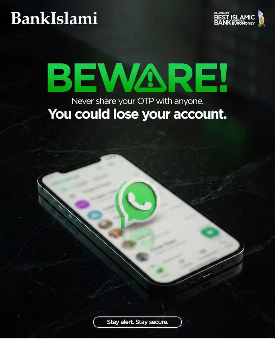 BIPLOfficial's tweet image. Sharing your OTP can lead to you losing access to your account and control within minutes.
Protect your account by:
Enabling Two-Factor Authentication immediately
Setting a secure, complex PIN
Never sharing your OTP with anyone
Stay alert. Stay secure.
#FraudAwareness