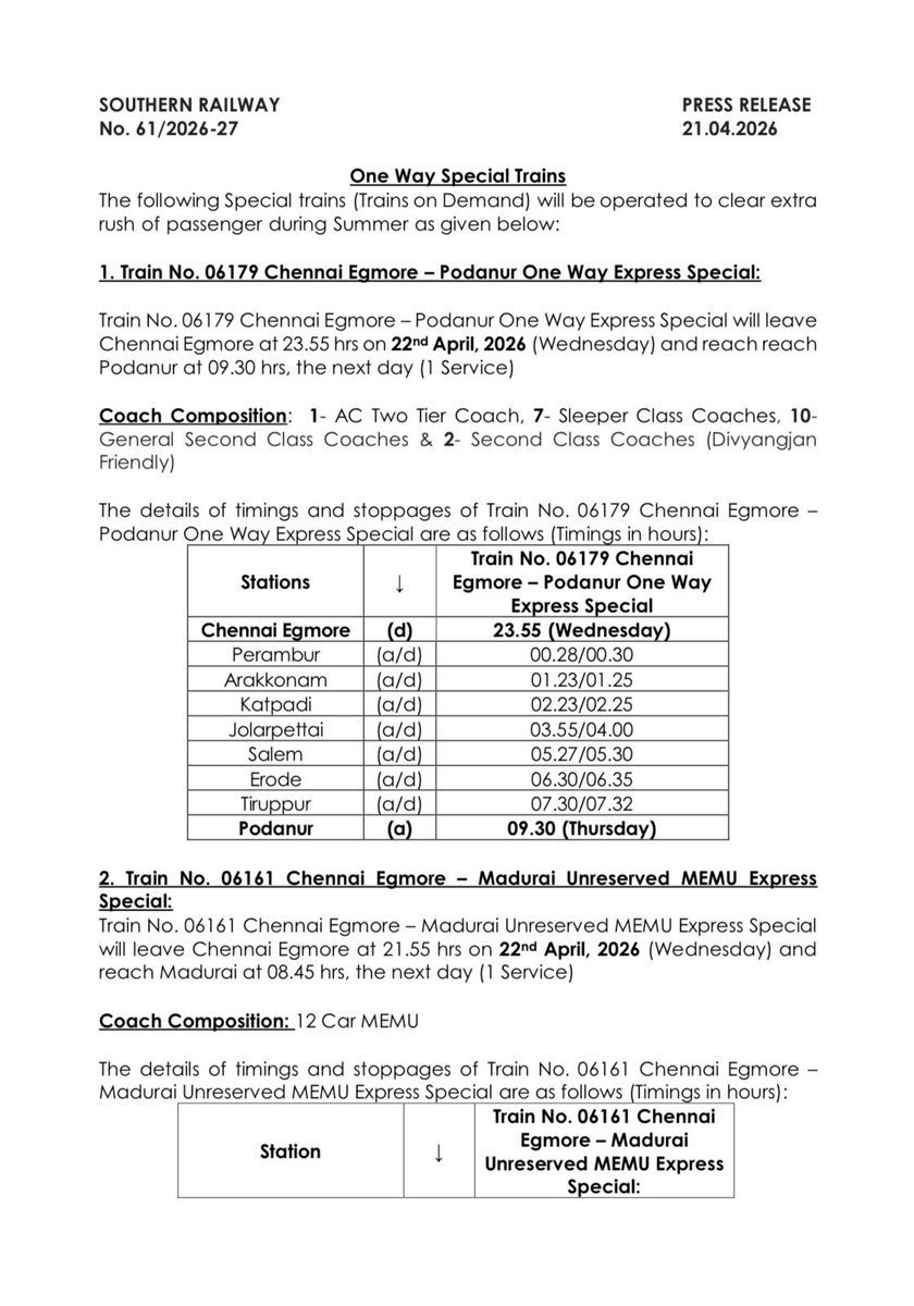 GMSRailway's tweet photo. One Way Special Trains!

The following Special trains (Trains on Demand) will be operated to clear extra
rush of passenger during Summer.

Advance Reservation for Train No. 06179 will open at 08.00 hrs on 22.04.2026
(Tomorrow)

#SouthernRailway https://t.co/7tAz8nYdl1