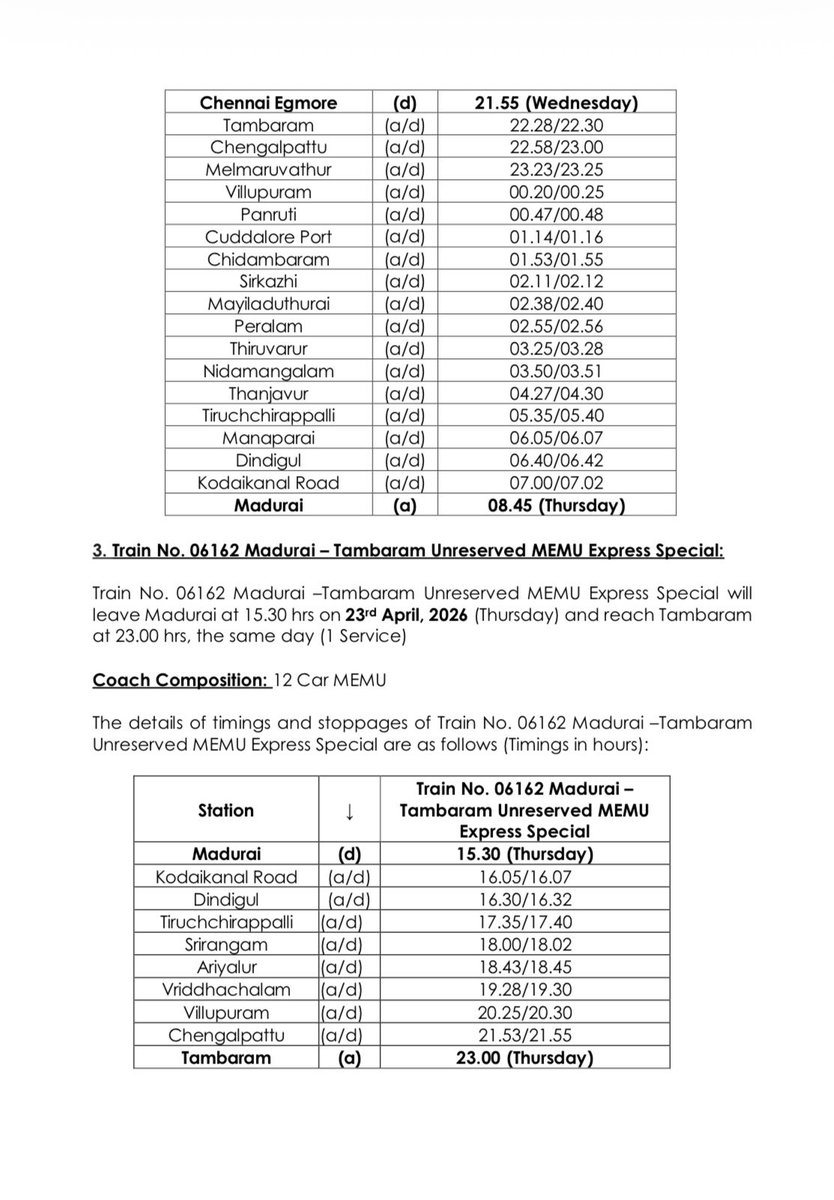 GMSRailway's tweet photo. One Way Special Trains!

The following Special trains (Trains on Demand) will be operated to clear extra
rush of passenger during Summer.

Advance Reservation for Train No. 06179 will open at 08.00 hrs on 22.04.2026
(Tomorrow)

#SouthernRailway https://t.co/7tAz8nYdl1