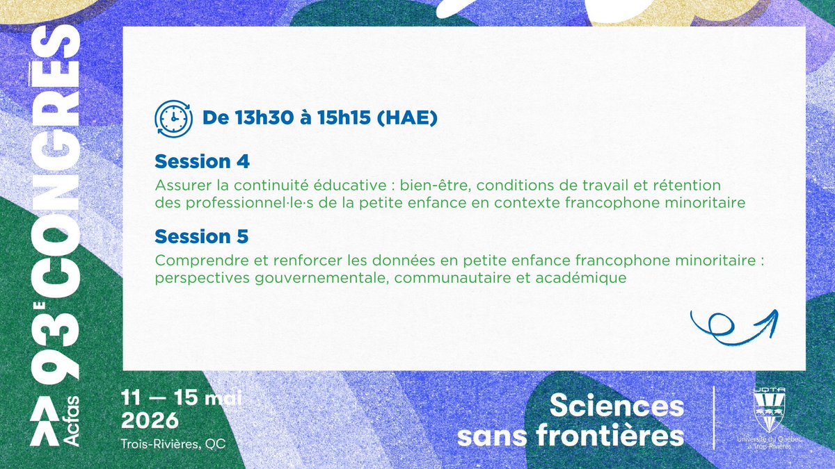 ACUFC_info's tweet photo. Rejoignez-nous pour le colloque « les enjeux de recherche en petite enfance : une exploration intersectorielle ».

Le colloque, organisé par l’ACUFC et tenu dans le cadre du 93e Congrès de l’@Acfas, comprend sept sessions. Découvrez-les👇

Le 15 mai 2026, de 8h45 à 17h (HAE)
@UQTR - Université du Québec à Trois-Rivières
Lien d’inscription : https://t.co/zIuMu8pIpY

L’inscription au congrès de l’Acfas est obligatoire pour tou·te·s les participant·e·s au colloque.

#AcfasC15
#Acfas
#petiteenfance #recherchefrancophone #CFSM