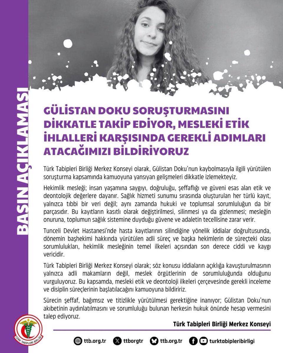 TTB: Gülistan Doku Soruşturmasını Dikkatle Takip Ediyor, Mesleki Etik İhlalleri Karşısında Gerekli Adımları Atacağımızı Bildiriyoruz
#GülistanDoku