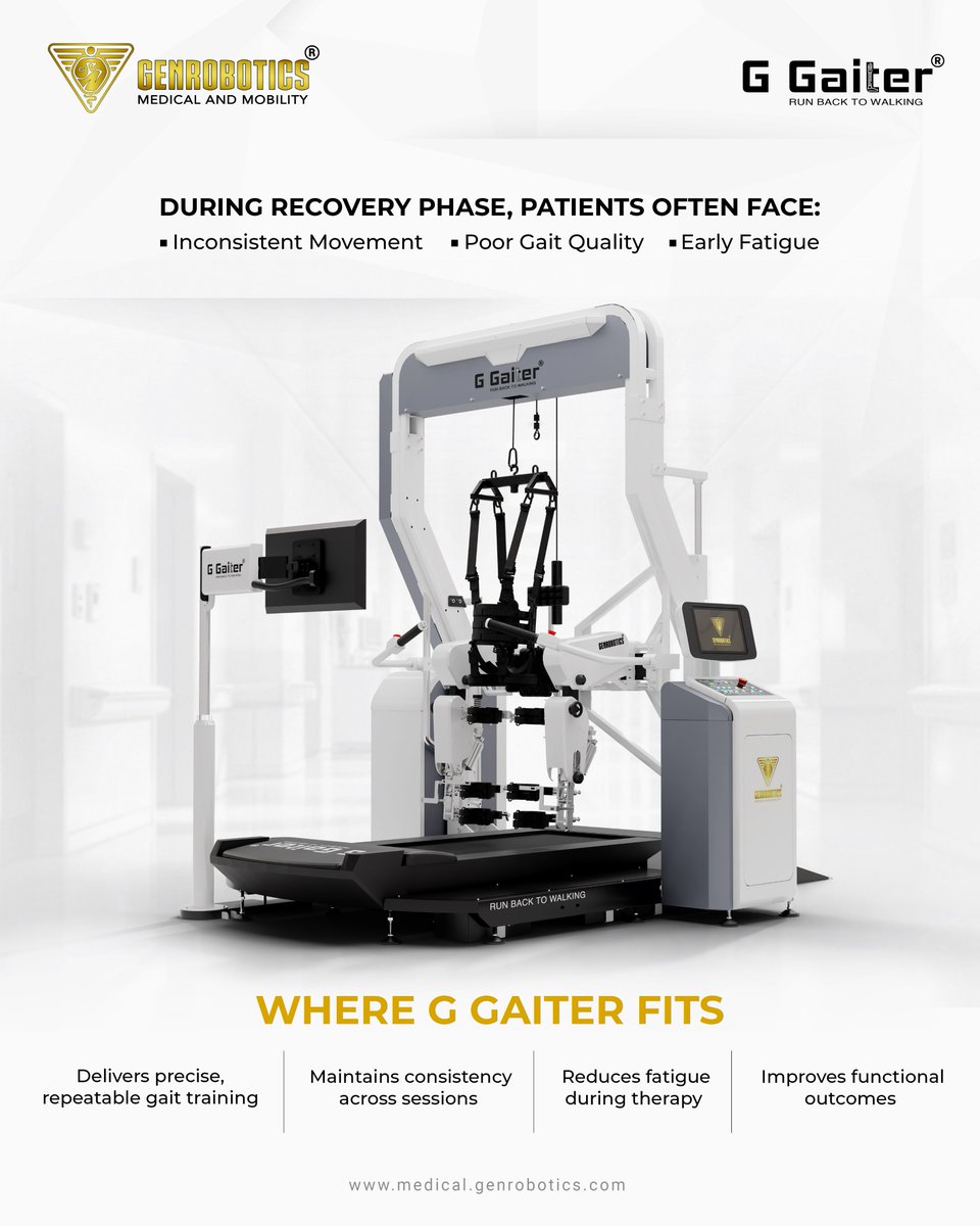 GenroboticsMM's tweet photo. Patients often face inconsistent movement, poor gait quality, and early fatigue during rehabilitation. G Gaiter addresses these challenges through precise, repeatable gait training.
 
To know more about G Gaiter: https://t.co/K4MMilDNlf https://t.co/BWIYrc6FR4