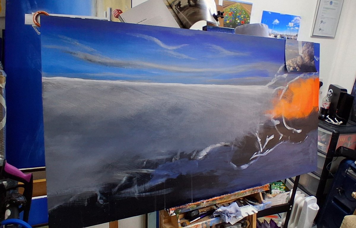 PainlessArtist's tweet photo. I went back to the painting today &amp; wasn't happy with the clouds I spent time on, but my gut feeling it was not upto my standard and the best I could do to basics....so redone the clouds for the main figure!
#resurection #jesuschrist #religousart #surrealist #art #ces #artherapy https://t.co/6eEwSLDcev
