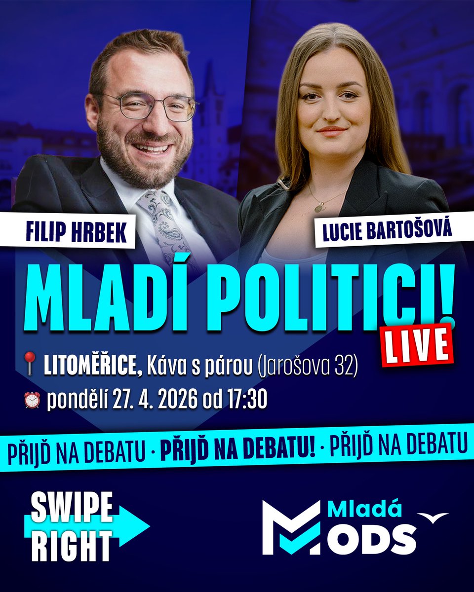Mlada_ODS's tweet photo. Zveme vás na další debatu ze série MLADÍ POLITICI LIVE! 🎤

Tentokrát dorazí Filip Hrbek a Lucie Bartošová.

📍 Litoměřice, Káva s párou (Jarošova 32)
🕒 pondělí 27. 4. 2026 od 17:30

Přijďte na otevřenou debatu o politice bez frází a zeptejte se na cokoliv.
Těšíme se na vás! 🔥 https://t.co/fK6DPvE4oZ