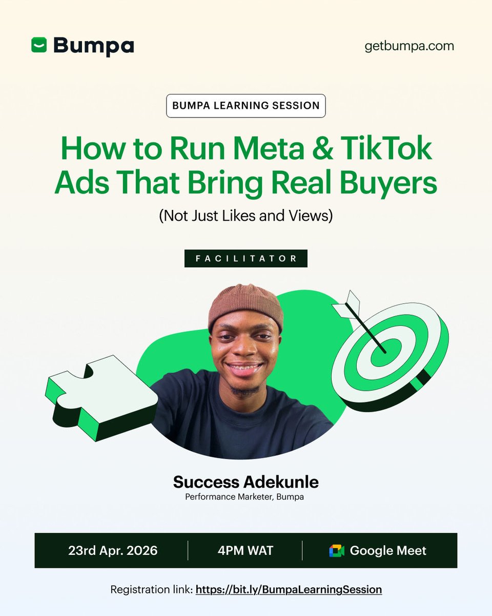 getBumpa's tweet image. If you’re a business owner who has tried running ads but didn’t get sales… this is for you!

We’ll show you how to run Meta and TikTok ads that actually bring real buyers, not just views.

Save the date and see you there💃🏽

#getbumpa #howtorunads #businessgrowth #salesstrategy