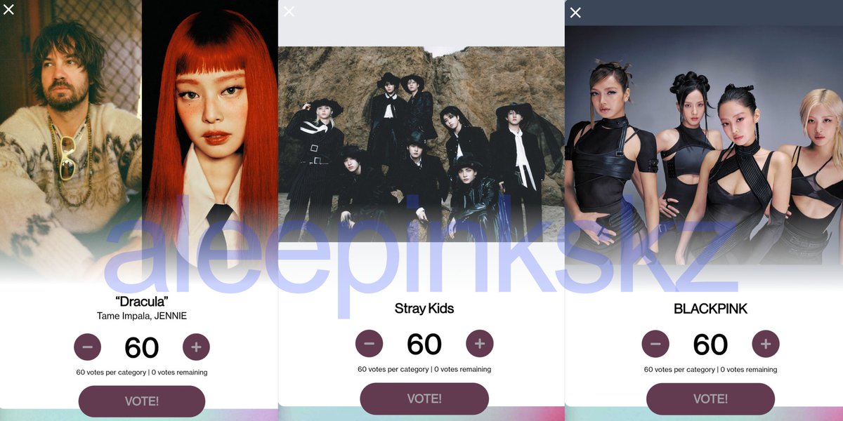 🚨‼️ ATTENTION STAYS, BLINKS AND RUBIES ‼️🚨

it's turbo tuesday which means today's amas vote count has been DOUBLED! go vote for skz, blackpink and dracula remix with all the accounts you have today!!

#SKZxBLACKPINK_AMAs
#SKZxBLINKS_AMAs
#StrayKids_JENNIE_AMAs