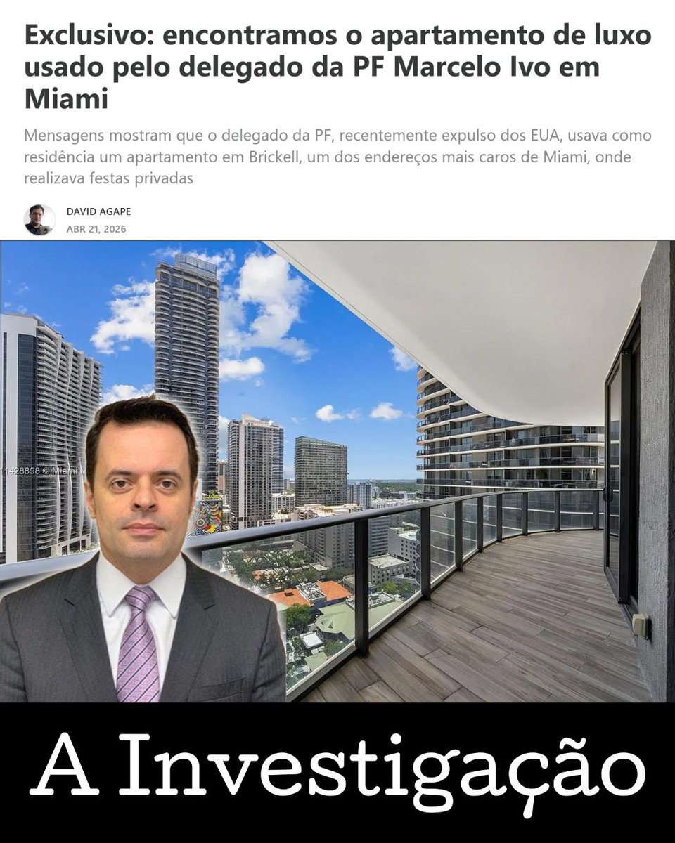 Exclusivo:

Em outubro de 2024, o delegado Marcelo Ivo de Carvalho, então oficial de ligação da PF nos EUA, chamou amigos para uma “festinha” em casa e mandou o endereço pelo Instagram:

“SLS Lux, 801 S Miami Ave, unit 2301, Miami, Florida.”

O endereço leva a um apartamento de