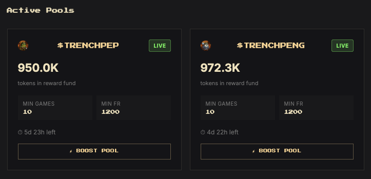 BattleFrens's tweet photo. Trench Pools are now fully LIVE (BETA)

You can now create your pool directly from:  
👉 https://t.co/bPYzoItw1x  
👉 https://t.co/YBmRNTm0Nf  

If you’re launching on @Pumpfun  this is for you:  

Deploy your own TRENCH POOL  
Define the duration  
Set the amount of tokens to distribute  

Then send your community to battle ✊✋✌️  

Keep them engaged.  
Keep them competing.  
Keep your token alive in the trenches.  

#Solana #Memecoins #Web3Gaming