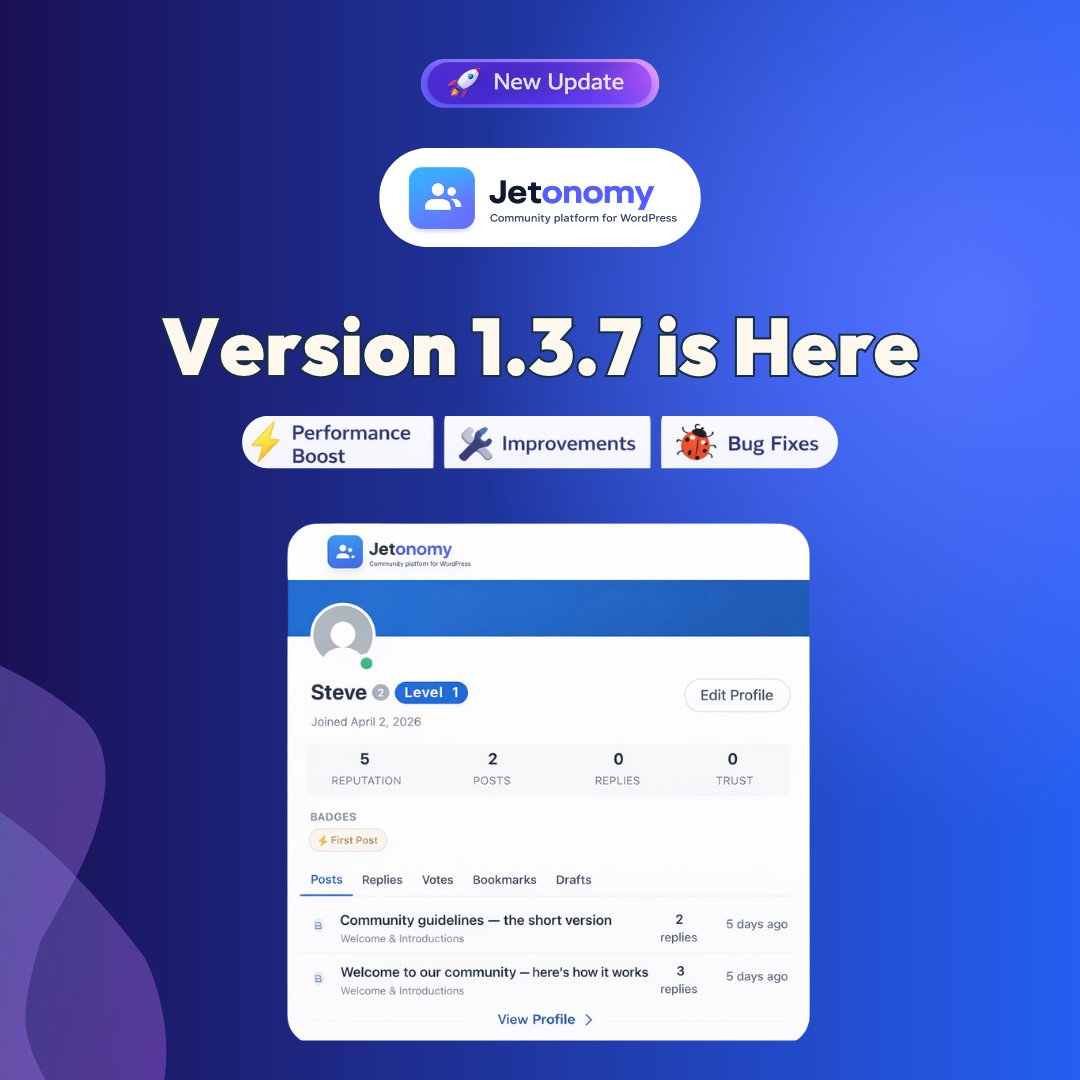 wbcomdesigns's tweet image. 🚀 Jetonomy v1.3.7 released.
Adds Compose Topic block, improves UX, fixes embeds and media issues, and optimizes performance.

🔗 wbcomdesigns.com/changelog/jeto…

#WordPress #PluginUpdate #WbcomDesigns #Forum