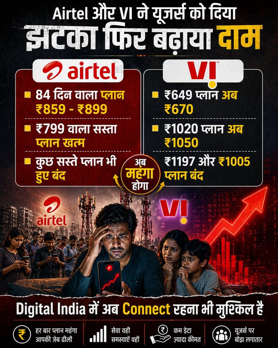 withbharatjodo's tweet photo. जब मोनोपॉली होती है तो यही होता है?
 
सरकार ने BSNL से सारे टॉवर छीनकर प्राइवेट कम्पनियों को बांट दिए ताकि चंदा मिलता रहे। 

अब क्या हो रहा है ? BSNL तो बर्बाद कर दिया। जब कुछ ही कंपनियाँ बाजार तय करती हैं,
तो दाम भी वही तय करती हैं…

और जनता के पास चुपचाप देने के अलावा कोई रास्ता नहीं बचता। 

इसको रोकने की जिम्मेदारी सरकार की होती है लेकिन सरकार क्यों रोकेगी ?

उसे जनता से टैक्स मिलता है और कंपनियों से चंदा।

#TelecomCompany #ModiMagic #Monopoly