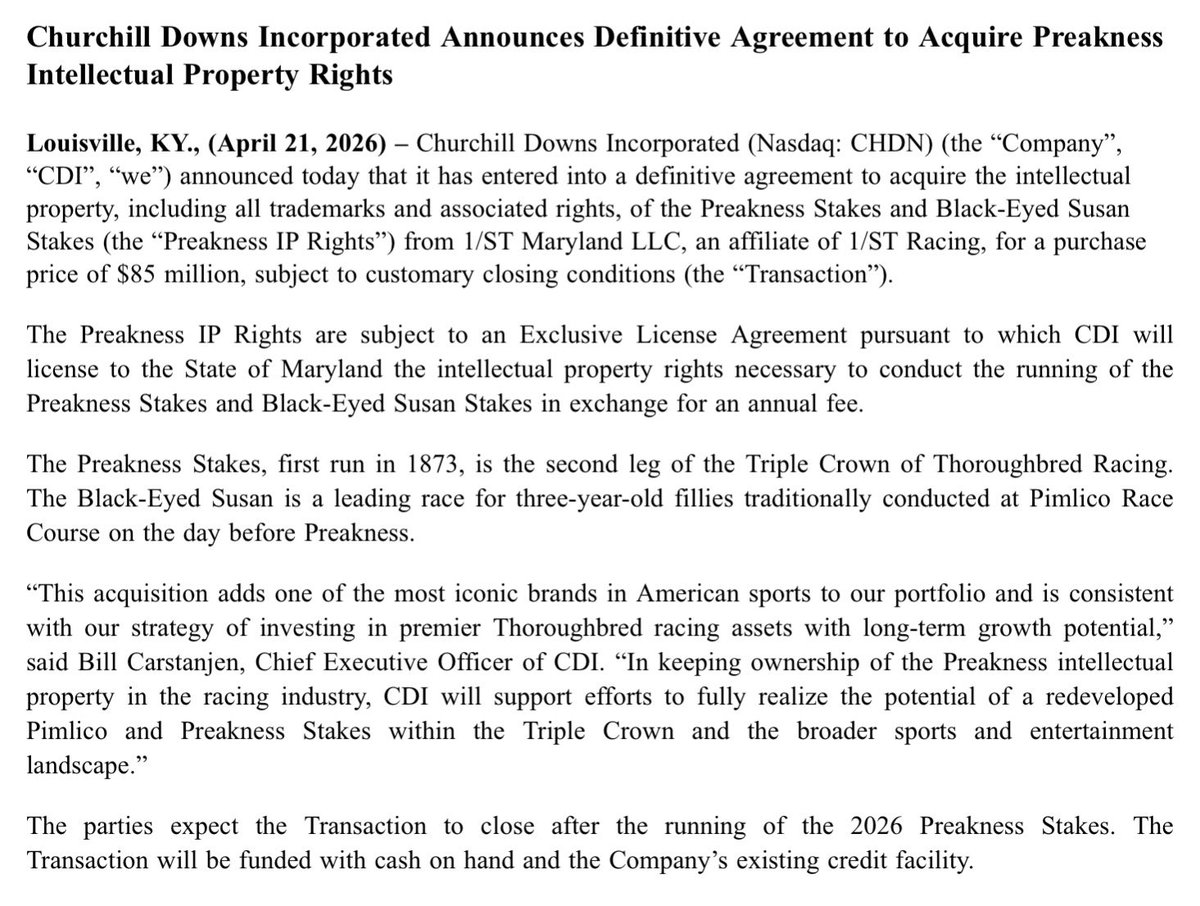 raypaulick's tweet image. 🚨🚨🚨

This is huge. Churchill Downs Inc. acquires intellectual property rights to the Preakness, middle jewel of the Triple Crown, from Belinda Stronach’s 1ST Racing. This could put NBC in a better spot to renew Preakness television contract, which expires after this year’s