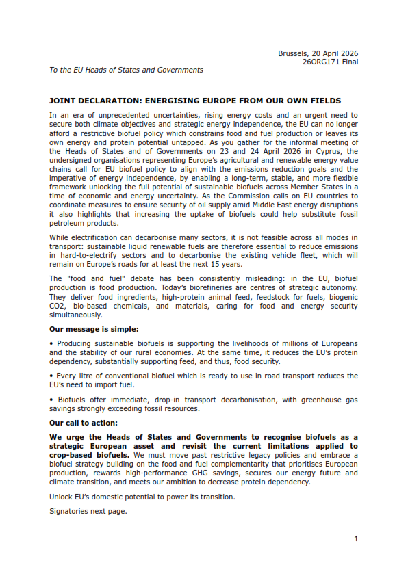 FEDIOL_EU's tweet image. 🆕Joint Declaration: the EU Biofuels Chain calls on Member States for a stable, and flexible framework unlocking the full potential of sustainable #biofuels amid high economic &amp;amp; energy uncertainty.
👉Biofuels are a strategic European asset 🎯
🔗 tinyurl.com/3efmwztf 
@CY2026EU