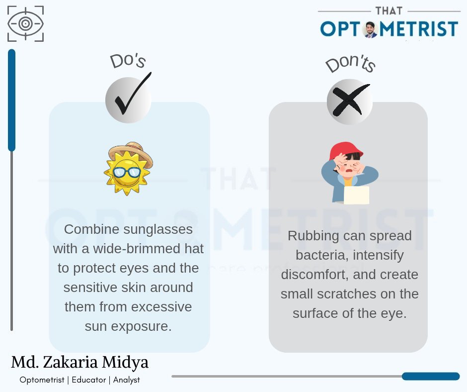 TOfficialOG's tweet image. Protect your vision today for a clearer tomorrow 👁️☀️
Sunglasses + hat = smart care | Rubbing eyes = beware 🚫

#EyeCare #EyeHealth #VisionCare #OptometristLife #HealthyEyes #ProtectYourEyes #SunProtection #EyeSafety #DoAndDont #StayAware #EyeTips 
#optography #thatoptometrist