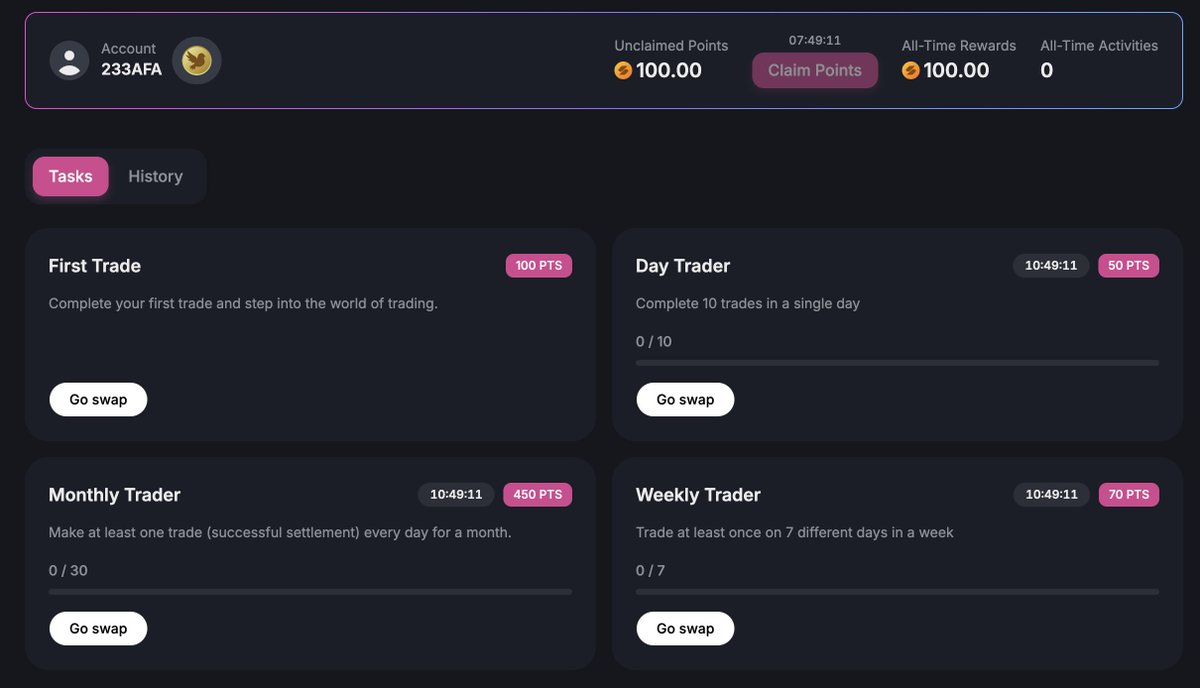 Trade on Silvana and complete tasks.

That's how you get Points and earn $CC rewards.

It’s all at your fingertips with Silvana Earnhub.