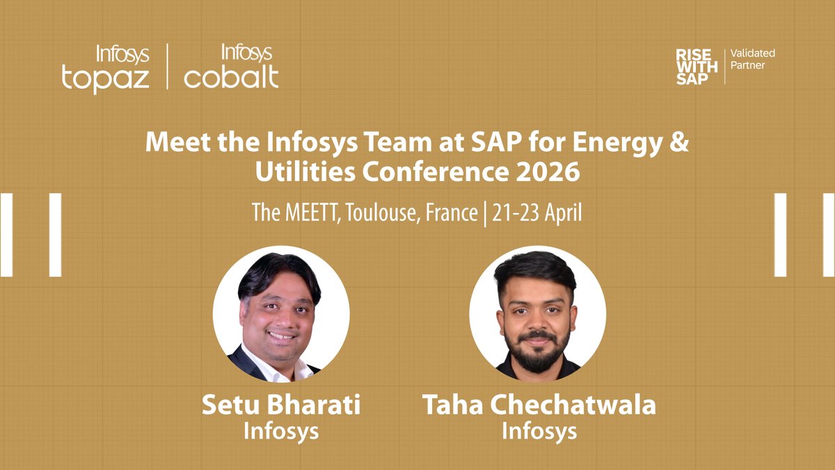 InfosysEvents's tweet image. Attending the #SAP for Energy &amp;amp; Utilities Conference 2026?
Say hello to Infosys Energy &amp;amp; Utilities + SAP experts in Toulouse.

Let’s talk #Utilities, water, oil &amp;amp; gas, asset management &amp;amp; DER integration. infy.com/aHyDz

#Energy #DigitalTransformation #Sustainability