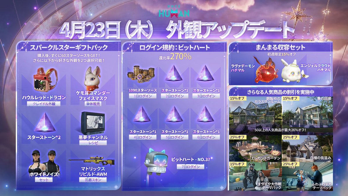 🔮 #OnceHuman 4月23日（木）ショップ更新先行情報

「スターストーンギフトボックス」、「パープルライトニングボーナスボックス」と「ドリーミークラウド」シリーズ宝箱が順次登場✨
超越者たちよ、今回は「新たな姿」で登場する準備はできているか？

🎁 スパークルスターギフトパック