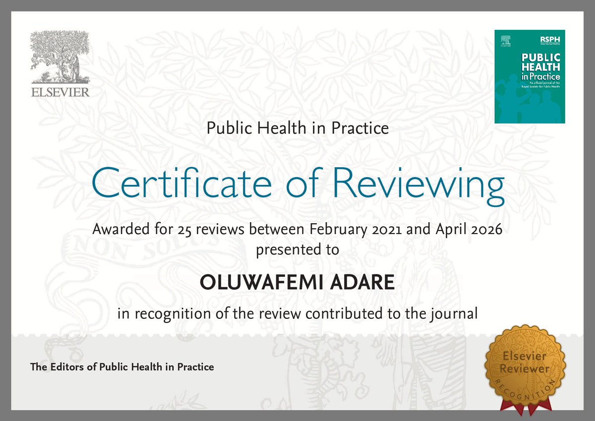 OluwafemiAdare's tweet image. Peer review is more than a process; it is a responsibility to uphold #quality, #credibility, and #impact in #research that can shape healthier populations and stronger systems. I’m grateful to contribute in this way and remain committed to advancing #publichealth through service.