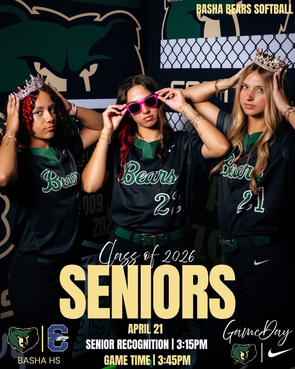 basha_softball's tweet photo. 🎓S E N I O R G A M E D A Y🎓
Today we honor and celebrate our seniors! 🥹🫶🏼
Excited to recognize these Bears as they enjoy their final moments in regular season high school softball! 💚🐻
JV will be on the road at Chandler HS.
💚🐻🥎#seniorday #gobears #bashabearssoftball https://t.co/0wC1kma9He