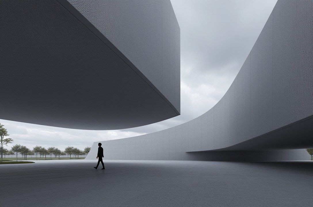 phiarch_'s tweet image. "Shadows dance beneath floating cantilevers, where light and gravity defy. A lone figure walks through a serene, monochromatic world. #architecture #minimalism"