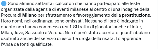 mister_ricci's tweet image. @Agenzia_Ansa 

"Nessuno di loro è indagato in quanto non hanno commesso reati"

Si sta parlando del nulla al netto della curiosità pruriginosa dei 17enni di sapere l'identità dei calciatori coinvolti:

#SerieA #Milano #Inter #Juventus #Milan