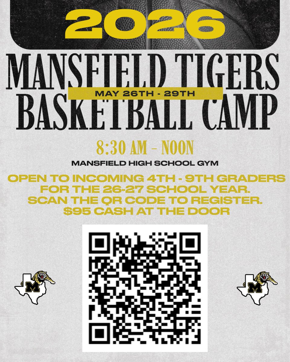 Mansfieldhoops's tweet photo. Tiger Boys Basketball Camp is just around the corner!  

Kick off your summer break with a fun-filled week of basketball at MHS.  

Register now, make your payment when camp begins.  Hope to see you there! 

Email jasonspeakes@misdmail.org for questions. https://t.co/xE4zqjmyli